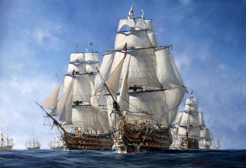 longmaytheysail:

Nelson and his fleet. HMS Victory sails into the Battle of Trafalgar: 21st October 1805
