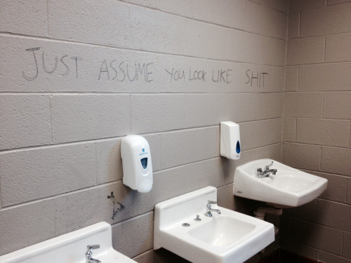 omgwang:

the school removed the mirror in the bathroom and someone wrote on the wall
