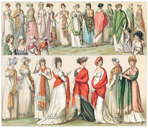 France, 18th-19th century — shawls.

Auguste Racinet, from Le costume historique (The costume history) vol. 6, Paris, 1888.

(Source: archive.org)