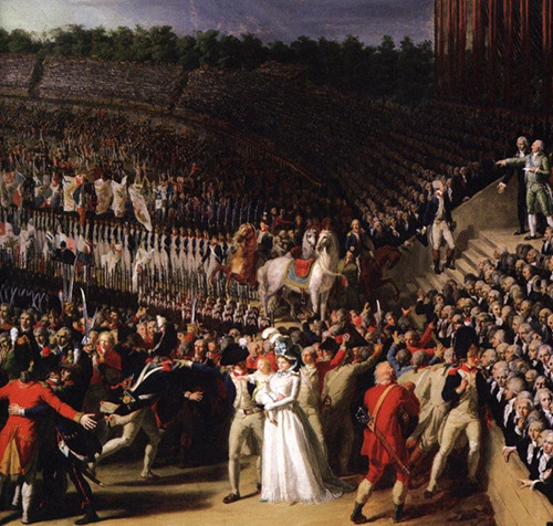 Detail from a painting of the Fête de la Fédération, 14 July 1790; during the ceremony, Marie Antoinette held up the dauphin for the crowd to great acclamation.