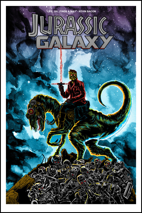 JURASSIC GALAXY-
A few weeks back, I got good and drunk. As I do with times like that, I went onto a Facebook silkscreen art group, and said- &#8220;Hey, if 50 of you want a poster of Starlord riding a Velociraptor, I&#8217;ll do it.&#8221; I went to bed, and the next day, literally 160 people put their money down on a drunken promise.
So- here it is- I promised them Glow in the dark at 100 sold, and then metallic inks at 150 sold- and that happened. I originally promised 18x24&#8221; on the print, but while working on it, I thought- screw it man- go 24x36.
So this is something that whiskey and the internet willed into existence, and I couldn&#8217;t be happier. We&#8217;re going to start printing it this week, and it&#8217;ll ship out in the new year.
"Drunken Promises" 24x36"- Edition of 160. 7 colors, including metallic silver and glow in the dark ink.  Not for sale&#8230;anymore.

