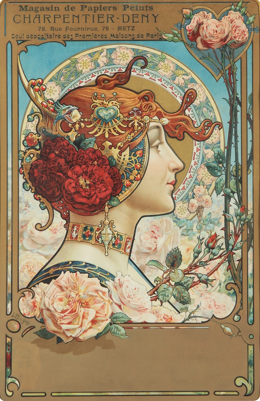 An advertisement for a wallpaper company (Charpentier-Deny) by Louis Théophile Hingre, 1890. Larger version.