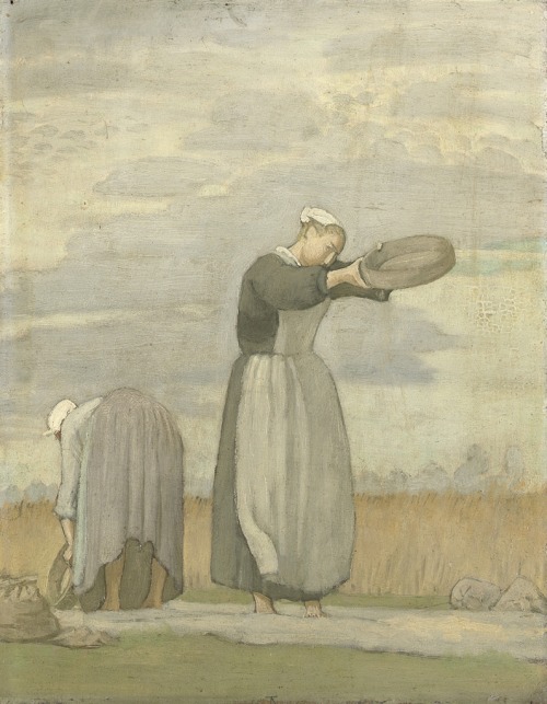 thunderstruck9:

Henry Lamb (British, 1883-1960), Bretonnes Sifting Corn, c.1910-11. Oil on panel, 32.4 x 25.4 cm.

The colours