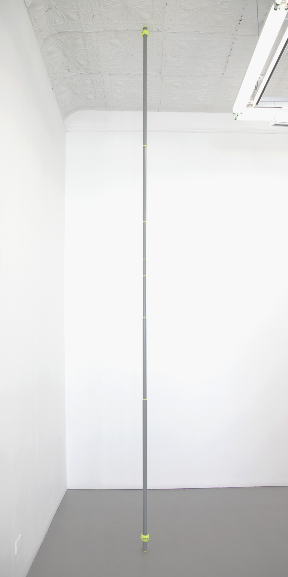 Image 1: Chadwick Rantanen
Telescopic Pole (Drive Medical/Grey), 2012
Powdercoated aluminum, plastic, walkerballs
Variable up to 296h x 1.5w in
CRMA1302






Image 2: Chadwick Rantanen
Telescopic Pole (Drive Medical/Grey), 2012
CRMA1302
(detail)






Chadwick Rantanen (b. 1981, Wisconsin)
Los Angeles-based Chadwick Rantanen is well known for his sculptural works involving “walker balls&quot; and telescopic aluminum poles. Rantanen’s work is very cerebral by nature.  When Chadwich Rantanen set out to create these works, his intentions were pure: “to make a work of art that was entirely benign, one that left no physical trace in the space it was exhibited and which could be adapted to the dimensions of any average-sized gallery&quot; (taken from Standard (Oslo)’s Press Release). Each piece combines walker balls and telescopic aluminum poles of matching hues, a choice Rantanen has made to demonstrate the efforts Americans put into individualizing everything. “Walker Balls&quot; are only sold in the United States - and from that, all colors and patterns are available from solid primaries to camouflage and stars &amp; stripes. He sourced as many various colors and patterns or walker balls as were available, and allowed the design of the balls to dictate the color of the aluminum poles, thus creating a relationship and system for the series. 
Chadwick Rantanen&rsquo;s first solo show in New York ran from May 5 - June 9th at Essex Street.







