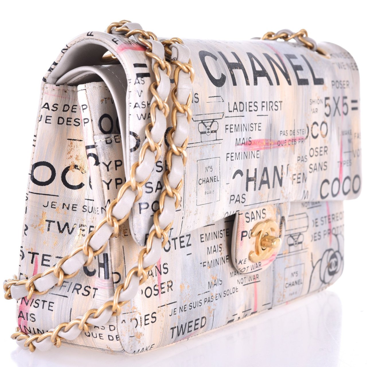 (via Fancy - Chanel Medium Newspaper Print Double Flap Bag) 