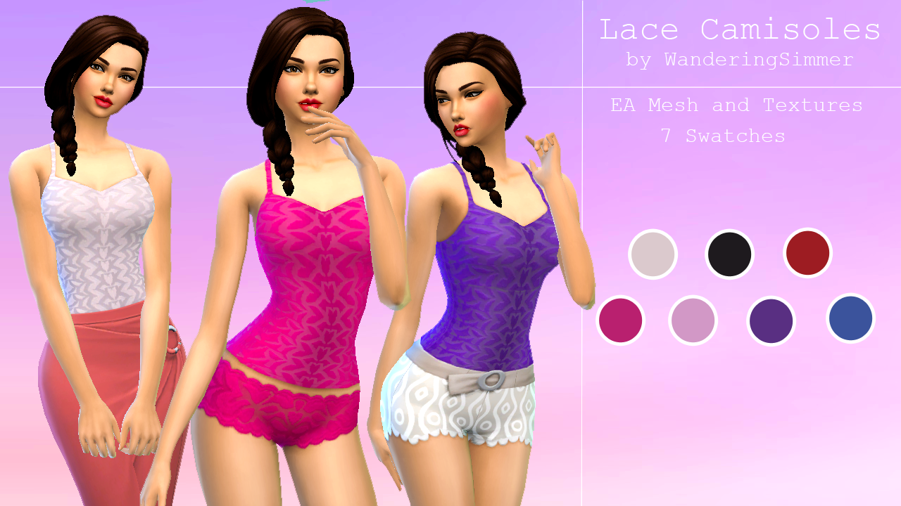 A lace camisole for your sims

♥

Comes in 7 swatches - Mesh and textures by EA - Base Game Compatible 

TOU:  Do not reupload to other sites or claim as your own.



Please tag #wanderingsimmer if you use it so I can ♥ it!

Download: Simfile