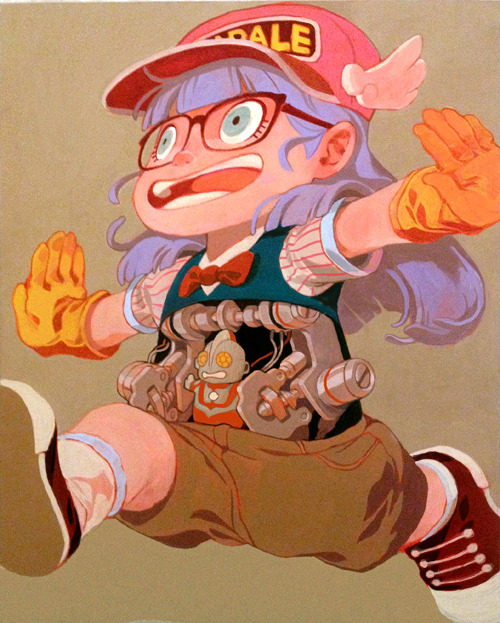 &lsquo;KIII-N!&rsquo; For QPop Shop&rsquo;s Akira Toriyama/Dragonball 30th Show
This was so much fun to paint! As Dragonball&rsquo;s forgotten older sibling, I thought Arale could use some love.
For those who don&rsquo;t know about Arale, she&rsquo;s like Megaman or Astroboy, a small child robot made by scientist genius. What I love about her is that she was never designed to fight evil, she was just made to be a regular kid. But she loves Ultraman, even cosplayed him once and in the anime he makes a few cameos. So she ends up fighting evil anyway, and I like the idea that Ultraman drives her to be a hero.
If you&rsquo;re in LA this weekend make sure to check out the show at QPop Shop&rsquo;s new gallery space, Q2! 319 E 2nd Street, Suite 121 Los Angeles, CA 90012