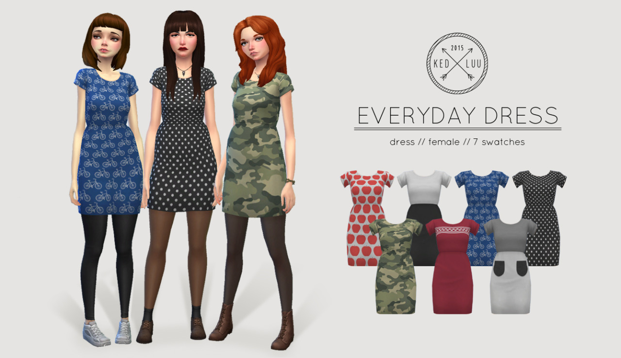 [KEDLUU] EVERYDAY DRESSsimple cotton dress in 7 swatchesnew mesh, base game compatiblecomplete with thumbnails, colour categories, disabled for randomDOWNLOAD (Dropbox)Thank you for downloading! Feel free to tag me as #kedlu or #kedluu, if you use this, so I can see it :) Also please message me about issues if you encounter any. 