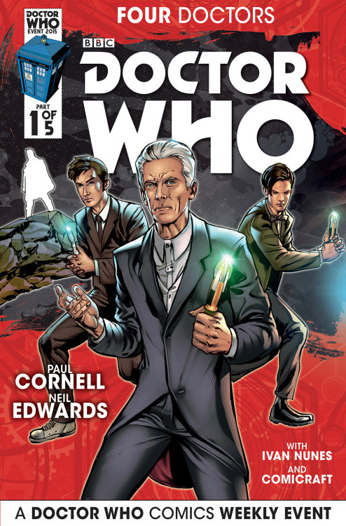 FOUR DOCTORS: SIX ART PAGES REVEALED! The 5-part weekly series is penned by Paul Cornell (Wolverine) and illustrated by Neil Edwards!The weekly event, running through August and September 2015​ ​features the Tenth, Eleventh and Twelfth Doctors and their comics companions! This epic event is the thrilling next chapter in Titan Comics&rsquo; bombastic Doctor Who publishing saga! The first issue hits comic stores on Wednesday August 12, supported by the global Doctor Who Comics Day on Saturday August 15​!​Writer Paul Cornell has penned classic episodes from the Doctor Who TV series (&lsquo;Father&rsquo;s Day&rsquo;, 'Human Nature/Family of Blood&rsquo;, both Hugo-nominated), classic Doctor Who novels, as well as successful comic book runs on titles such as Wolverine, Action Comics, Demon Knights, and Captain Britain and MI:13.  The event follows straight on from the issue #15 conclusions of Year One, with the second years of the Tenth, Eleventh and Twelfth Doctors beginning after the event&rsquo;s blistering finale!Four Doctors, three companions, one action-packed mystery!Order now from your local comic book store! Visit Comic Shop Locator to find your local store​!