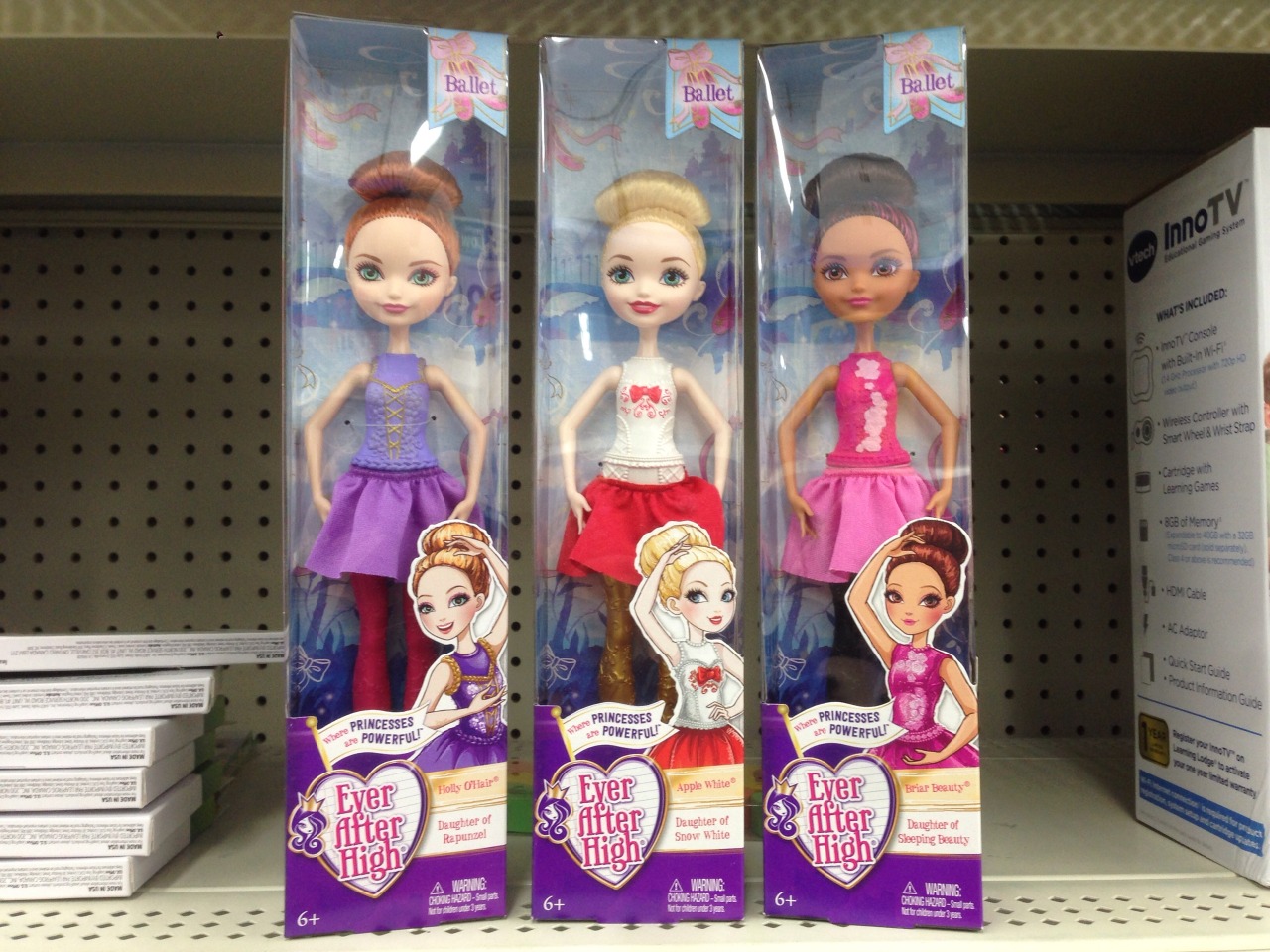 witchyrem-ains:

A new line of 5 dollar Ever After High budget dolls I found at Walmart. (I didn’t even know about this set.)
Hardly any articulation, molded molded molded, and stiff skirts that feel like pool material. 
But it’s still the girls we love, Holly, Apple (with her cute new smile), and Briar.