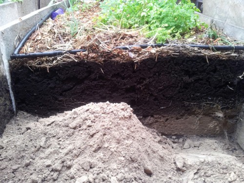 The soil that had been created in the raised bed from waste materials.