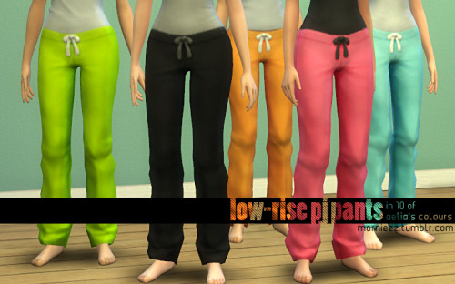 i got really tired of the lame female pjs from the basegame.just lowered the waist, and recoloured it in black + 10 of aelia’s colours: coral, dark pink (+black), apple green, tealish blue, retro red (+black), orchid, saltwater, riptide (+black), dutch, blackberry. (a couple of the retro and jewel tones.)these are enabled for sleepwear and athletic (i think?) for t-e females. there’s a little weird glitch in the thumbnail on the black pants along the original waist, but it doesn’t show in cas or in game, so i didn’t really bother with it.download low-rise pj pantsup next: patterns!