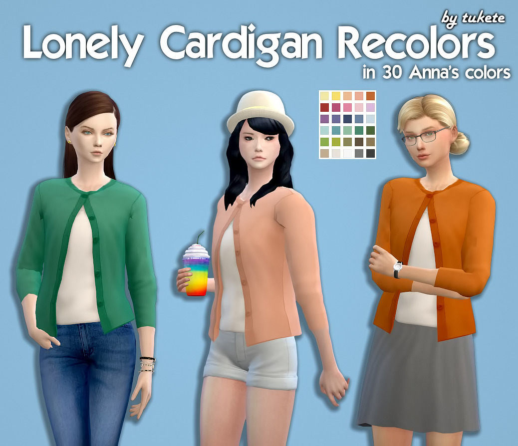 Lonely Cardigan RecolorsCustom icon thumbnailStandaloneIn 30 Anna’s colorsMesh by @azentaseMesh is not included! Please download it HERE.Choose the download link:Mediafire | Dropbox | SimFileSharePose used on preview by @dearkims [x] [x] &amp; @flowerchamber [x]