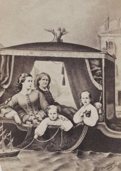 carolathhabsburg:Composite of Kaiserin Elisabeth of Austria, children Kronprinz Rudolf and Archduchess Gisella and the Baroness Charlotte von Welden. 1862.