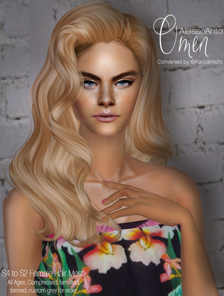 AlessoAnto ‘Omen’S4 to S2 Female hair converted by me, all ages, 16 natural hair color, compressed, familified, custom grey for elder. Credit : Alesso Anto for the hair mesh &amp; Pooklet.DownloadEDIT :  please redownload omen hair, one hair color has been fixed to avoid crashing (red-pyrotechnic)