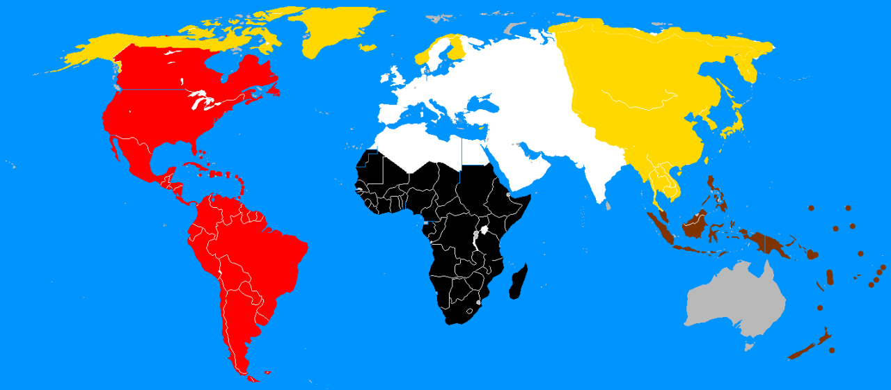 this is global map. the artic and east asia are coloured yellow, for mongolians. all of europe, north africa, the middle east, south asia, and a big chunk of central asia are white, for caucasian. the rest of the americas are red, for Indians. The rest of Africa is Black, for Africans. The malay peninsula and most other pacific islands (SE Asia and Oceania) are brown, for malay.