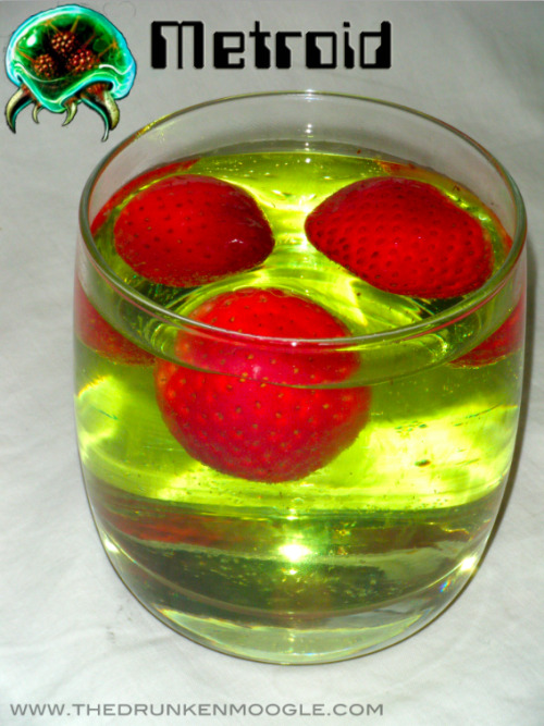 Metroid (Metroid Cocktail) Ingredients: &frac12; shot Bacardi Big Apple Rum&frac12; shot Coconut Rum&frac12; glass Kiwi Strawberry Minute Maid (or Kool-Aid)A little less than &frac12; a glass Sprite3 Strawberries Directions: Shake the two rums and Kiwi Strawberry Minute Maid and pour into a lowball glass.  Add the Sprite for a bit of flavor and carbonation. Drop in three strawberries as a garnish.  If you choose, you can use your ice beam freezer to cool the alcohol before you make the drink. (Drink created by The Drunken Moogle.  Photography by Meredith Shelton)