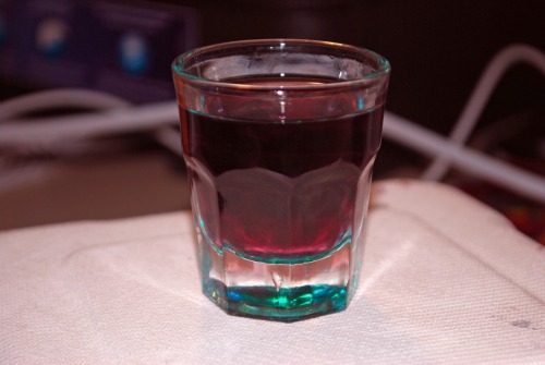 Spyro (Spyro the Dragon shot) Ingredients:2 parts Blue Curacao2 parts Cranberry juice1 part Fireball Cinnamon Whisky Directions: Mix the first two ingredients into a shot glass, then top it off with the Fireball. Drink and breath flame. Drink created and photographed by Jasmine C. 