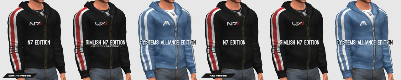 300 Followers Gift: Part 2!I made a rendition of the Mass Effect N7 Hoodie in Sims 4 which there are a few of, however I like to say that “this is my hoodie &ndash; there are many like it, but this one is mine”&hellip;XD. It’s been detailed as accurate as possible to the game. It also comes as seen above, in two mesh edited types - a slim and an actual game-accurate-ish version. I even threw in an Alliance themed hoodie, as well as a simlish version of the N7 logo in case anyone really wanted to keep it in the spirit of Sims 4.Not feeling the Mass Effect hoodie? Well there’s always the regular version which has numerous color swatches. Which ones you download is totally up to you, though you can enjoy them all the same :D*May possibly make one for females in the future, but for now, I just have the male hoodie.Part 2 out of 2 follower gifts!As usual, enjoy guys :DDownload‘s down here↯  [mediafire↯]| N7 Hoodie Stand Alone | N7 Hoodie Stand Alone [Slim Fit] | Regular Hoodie | Regular Hoodie [Slim Fit] |