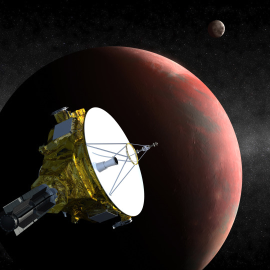 An artist’s rendition of the New Horizon spacecraft approaching Pluto’s moon Charon. Pluto is in the Background. Image credit: Getty Images Top: Pluto photographed by New Horizons on July 13, 2015. Image credit: NASA