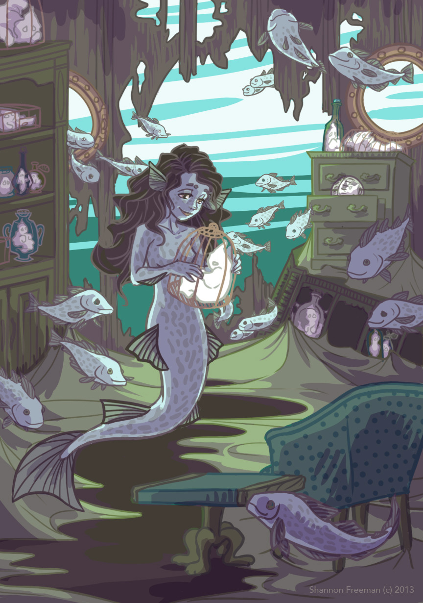 In Irish folklore, &ldquo;merrows&rdquo; are mermaids that collect drowned souls to display in their homes. I thought it was fitting that they&rsquo;d also live in shipwrecks :)