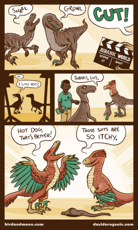 The amazing David Orr and I worked together on this comic (check out his site for more great paleo design). As the owner of two feisty parrots, I feel like feathered raptors are just as exciting as those scaly ones we grew up with.