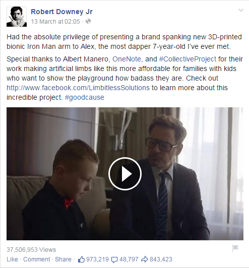 Actor Robert Downey Jr posts on Facebook about The Collective Project and Alex Pring.