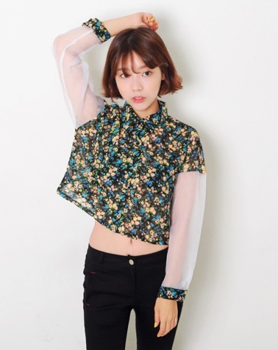 Cropped Floral Top with White Chiffon Sleeves by Yubsshop