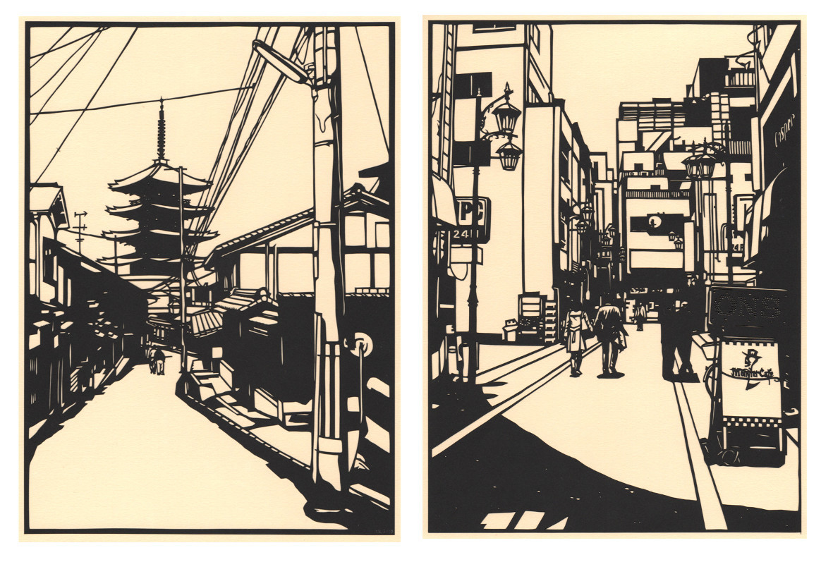 Hand cut papercut images of Japan, contrasting old/new/ancient/modern See more over here