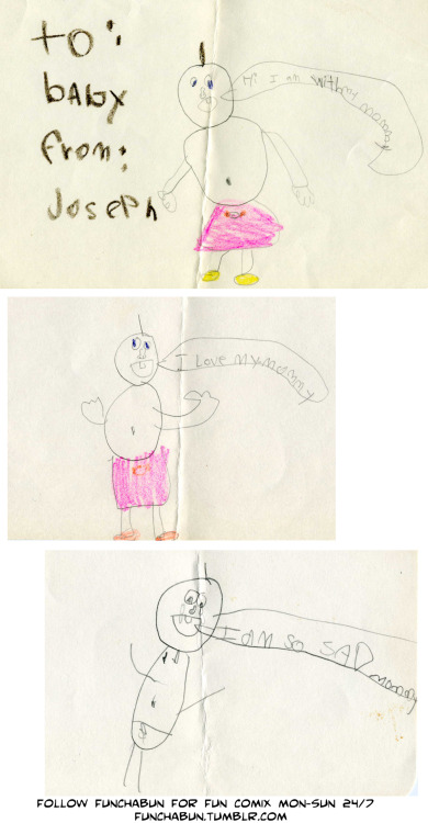 funchabun: "To Baby, From Joseph" by Jeaux Janovsky Today’s comic is one of the 1st ones I made… at the age of 6!!! It was for my brother. It’s nice to see my sense of humor was still present even back then! I’ve been busy putting together books with the generous help of my Gofundme campaign contributors for LA Zinefest, so here’s a sneak peek at 2 covers!  A Mickey Mouse Operation will be a very tongue in cheek, very irreverent book of Mickey Mouse doodles that were mostly done on the clock while working at a Disney store a few years ago. I’ve also been researching a bunch of Walt Disney quotes to adorn the artwork. Clearly, I am packing my bags and headed to hell for this book. "Everything’s all so funny." All About Eve &amp; Other Films, will be a book of Film Doodles I do while watching various movies. Movies included will be: All About Eve, Chinatown, Lady in the Water, Rocky, Zodiac, Taxi Driver, Edward Scissorhands, Eraserhead, Bladerunner, The Texas Chainsaw Massacre, Switchblade Sisters, Meatballs, Stripes, and more! The cover stars James Dean for no reason. http://www.gofundme.com/lazinefestorbustSpread the word. Support indie artists and help get cool stuff made. 