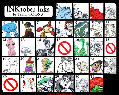 tumblrtoons: Day 31 #inktober!  That’s a wrap!!! Thank you and much zombie love to everyone who liked &amp; reblogged my Inktober art! It means a bunch. So in turn, here’s also a handy dandy Tumblrtoons brand Inktober calendar for you! They look pretty sweet all together and cozy like that. :D Wanna see my characters, Charlie (the spider) &amp; Marley (the ghost) aka: the Haunted Homeys, in an animated cartoon promo??? https://vimeo.com/102716795 To view, enter the password: homey Have a safe and happy halloween, kiddies! -Jeaux http://tumblrtoons.tumblr.com/tagged/inktober 