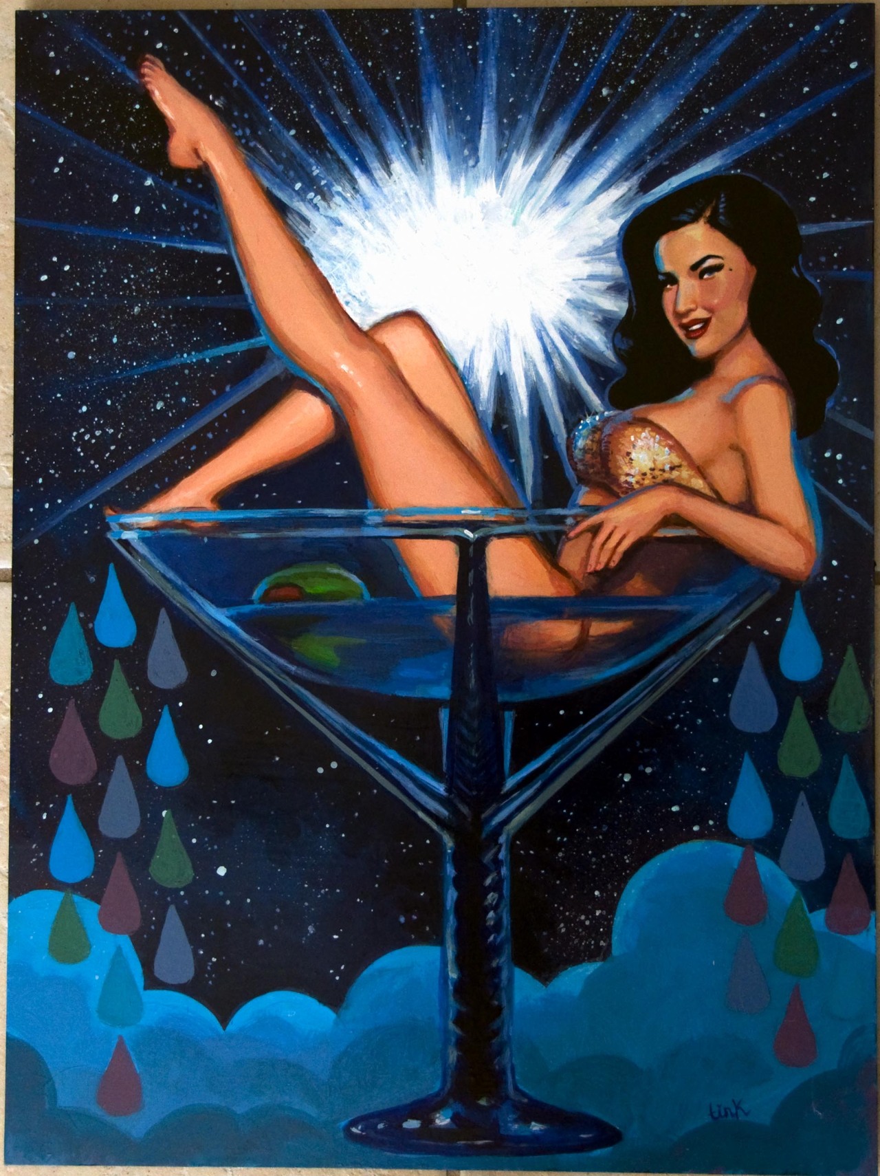 Dita-Tini - Burlesque Fan Art by Jessica Whiteside Cooper - mixed media painting on wood