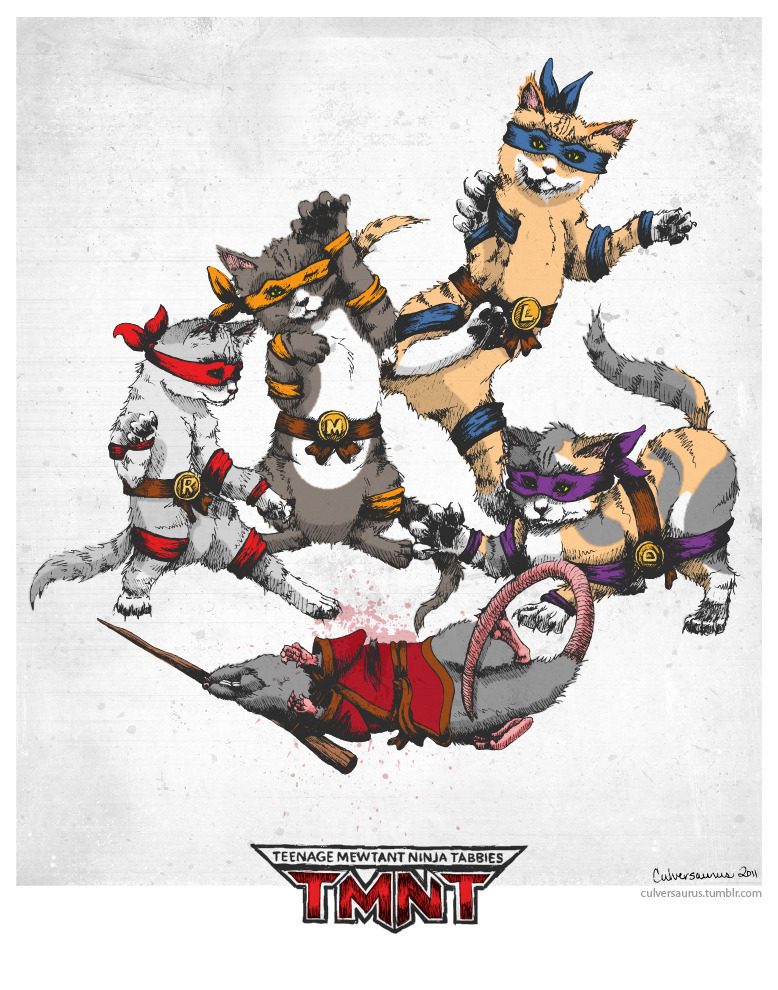 “Meowabunga!” My piece for the upcoming Autumn Society Shell-Shock Ninja Turtles Show in Philadelphia June 3rd. Master Splinter didn’t stand a chance against his own Teenage Mewtant Ninja Tabbies… Check out more of my work at culversaurus.tumblr.com. -Ashley Culver